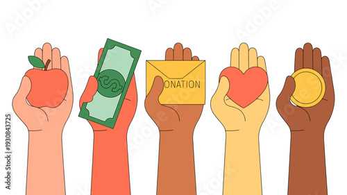 Diverse hands holding various donation items on white background