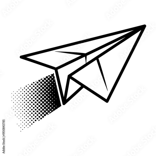 Paper airplane flying with halftone trail minimalist graphic illustration black and white line art