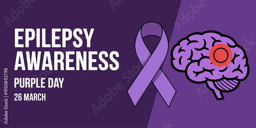 Epilepsy awareness purple day brain with purple ribbon on purple background