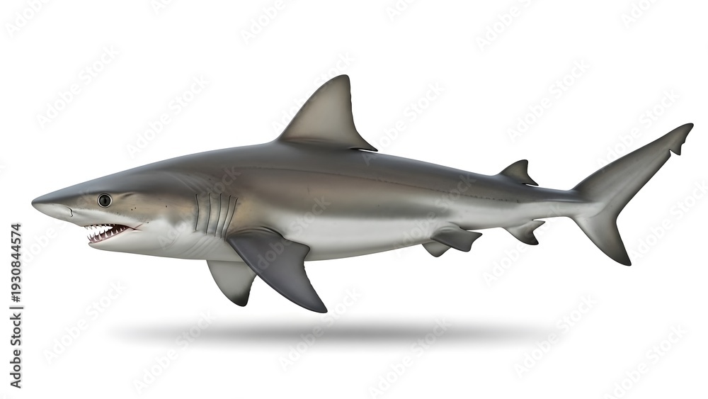 Fototapeta premium Bull shark swimming side view isolated on white background, realistic 3D illustration. 