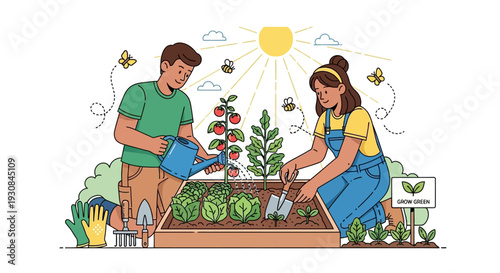 A man and a woman are happily gardening together in a raised garden bed under a bright sun.