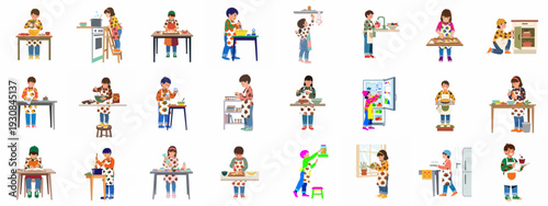 Children joyfully engage in diverse kitchen activities: baking, cooking, preparing food, and learning culinary skills in a playful home environment with festive turkey aprons.