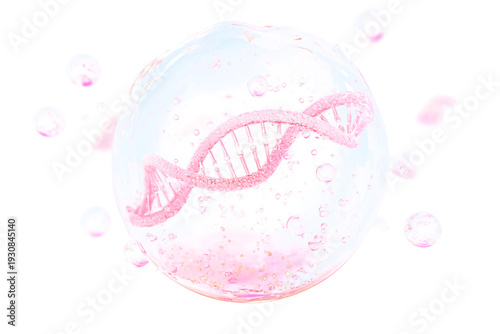 Pink DNA helix inside a transparent bubble with particles