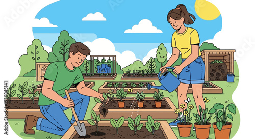 A man and a woman are gardening in raised beds on a sunny day, tending to plants and watering them.
