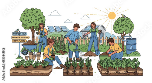 A diverse group of people actively engaged in sustainable gardening practices, cultivating fresh produce in a vibrant, eco-friendly environment.