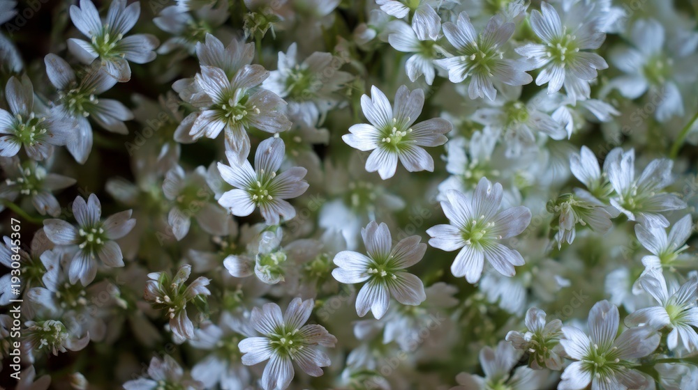 Obraz premium Tiny white flowers filled the background, seen up close.