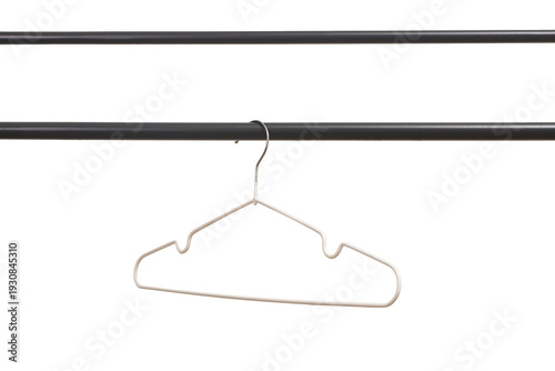 Wallpaper Mural Single thin coated hanger hangs on black metal rail against white background. Nonstick plastic covered wire hook creates empty garment silhouette on horizontal rod. Minimalist retail Torontodigital.ca