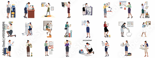 Diverse female accountants and financial professionals performing various tasks related to business, finance, and data analysis in an office environment.