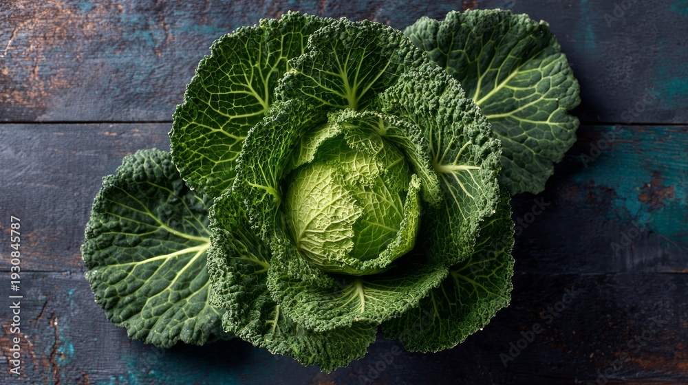 Fototapeta premium Ripe Savoy cabbage sits in view from above.