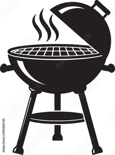 Black charcoal grill with open lid emitting steam on white background also transparent background barbecue