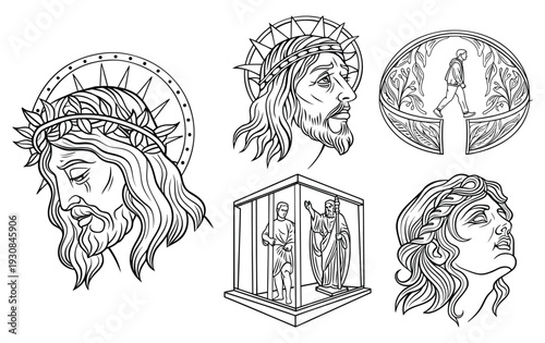 Elegant Christian Line Art Collection Featuring Jesus, Crucifixion, and Religious Imagery for Devotional and Spiritual Designs