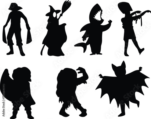 Halloween character silhouettes set, spooky witch zombie vampire monster costume collection isolated vector illustration for party design
