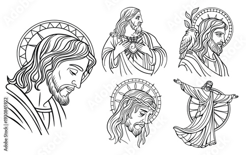Vintage Religious Emblems Featuring Jesus Christ, Sacred Heart, And Divine Mercy Illustrations For Faith Based Designs