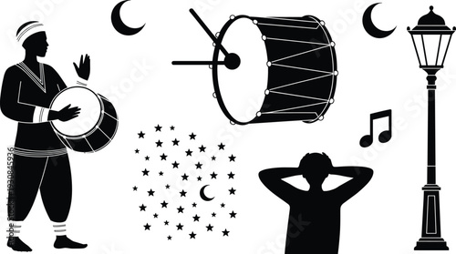 Ramadan traditional drummer silhouette with crescent moon lantern street light musical notes and night celebration theme flat vector illustration