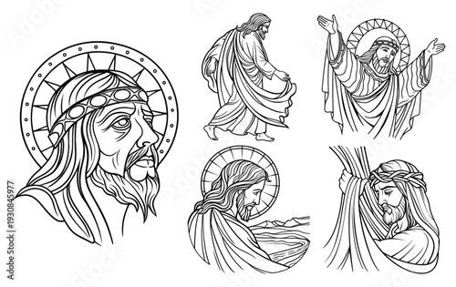 Vintage Religious Illustrations of Jesus Christ: Christian Line Art Depicting Crucifixion, Portraits, and Spiritual Scenes for Faith-Based Designs