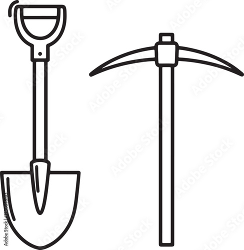 Black line of a shovel and a pickaxe on a white background also transparent background tool digging construction