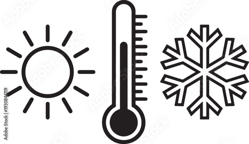 Black line of a sun thermometer and snowflake on white background also transparent background weather
