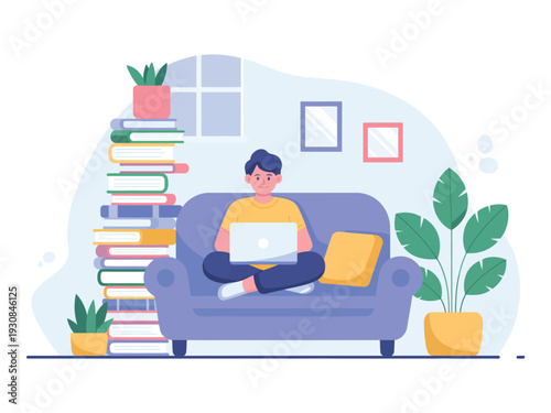 Young man sitting on purple sofa with laptop and books at home interior