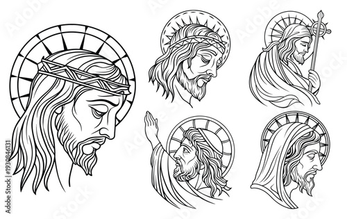 Religious Iconography Collection: Jesus Christ Portraits, Divine Art, Sacred Symbols, Vintage Engraving, Spiritual Imagery