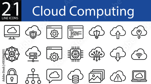Cloud computing line icon set in modern outline style, storage security, AI networking, data processing, and upload download