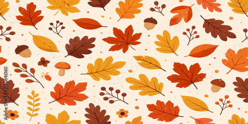 This seamless vector pattern features a vibrant collection of red, orange, and yellow maple and oak leaves, creating a beautiful autumn foliage design for your fall season decoration