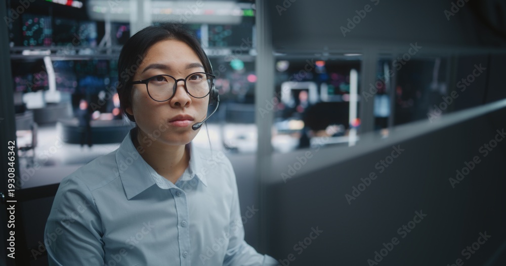 Fototapeta premium Young Asian Specialist in Crisp Blue Shirt, Focused on Real Time Analytical Dashboards. Woman Wearing Professional Headset For Instant Communication. New Generation Experts in Investment Environment.