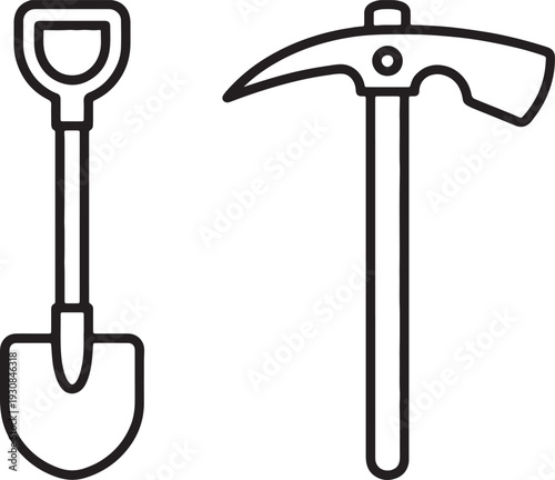 Black outline of a shovel and a pickaxe on a white background also transparent background tool digging