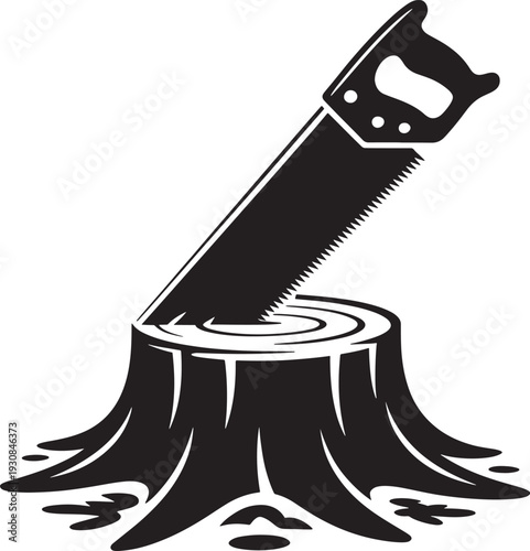 Deforestation Concept: Hand Saw Cutting Tree Stump Silhouette Illustrating Logging and Woodworking