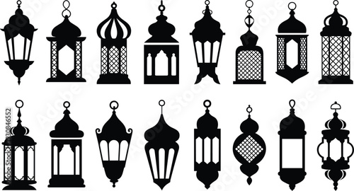 Traditional Islamic lantern silhouette set with Arabic Ramadan lamps collection, black decorative flat vector illustration