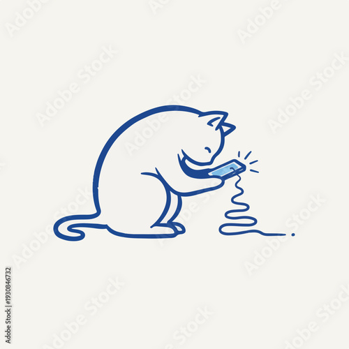 Blue vector cat scrolling smartphone screen endlessly minimalist line art illustration for digital detox and internet addiction campaign