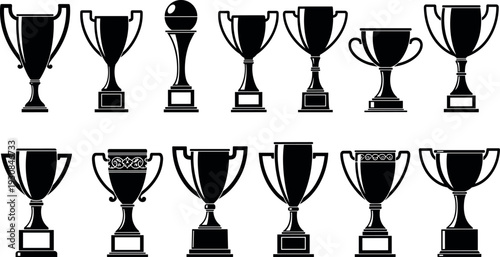 Black Trophy Silhouette Vector Set, Featuring Various Award Cups, Winner Prizes, And Championship Goblets, Isolated Icons, For Success and Achievement Design