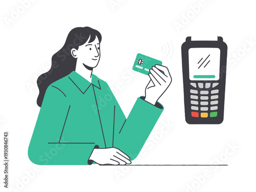 Woman holding green credit card near payment terminal with screen and keypad buttons