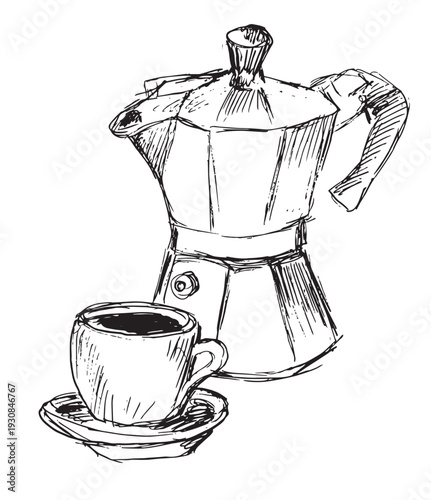Hand drawn italian espresso, espresso cup and coffe maker. Isolated vector illustration on transparent background.