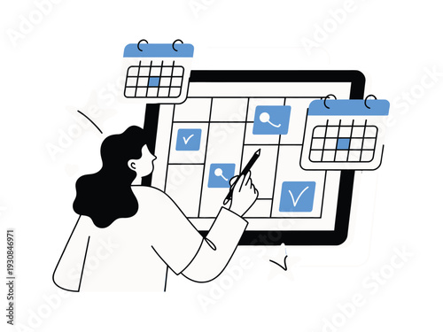 Woman planning schedule on digital calendar with checkmarks and reminders on screen display
