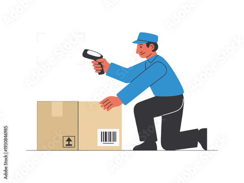 Delivery Man Scanning Package Box with Barcode Scanner in Warehouse or Logistics Setting