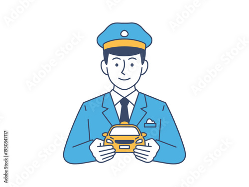 Cartoon chauffeur holding yellow car, smiling driver in blue uniform and cap illustration