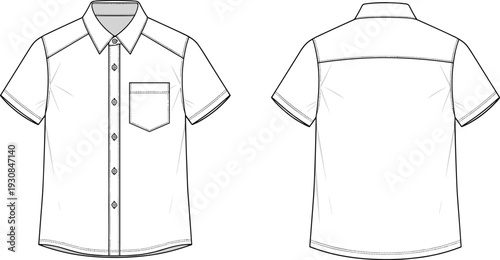 Short Sleeve Men's Button Down Casual Shirt Technical Flat Sketch Vector Illustration, Front and Back View
