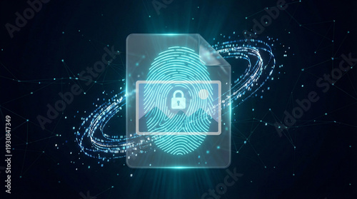 Glowing digital fingerprint with padlock and orbiting hash particles on sealed image file icon. Content fingerprinting, cryptographic security, and provenance concept.