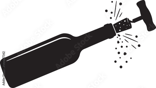 Black silhouette of a wine bottle being opened with a corkscrew and splashing liquid also transparent background