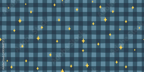 Stars seamless pattern on dark blue gingham background. Magic vector with yellow sparkles for organic cotton pajamas, night nursery textiles, natural fabric, celestial wallpaper. Cute doodle.