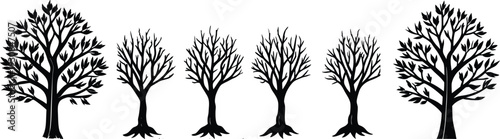 Black silhouette trees with and without leaves silhouettes white background