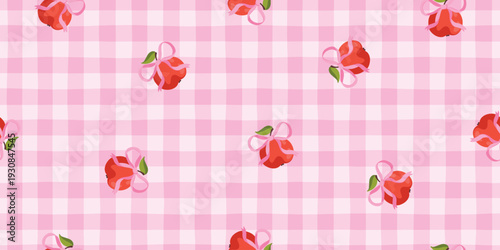 Coquette apple seamless pattern with pink bows on checkered background. Cute flirty vector for nursery wallpaper, feminine fabric design, romantic stationery. Stylish modern hand-drawn doodle art.