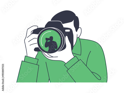 Man holding camera taking picture with green shirt and black hair illustration