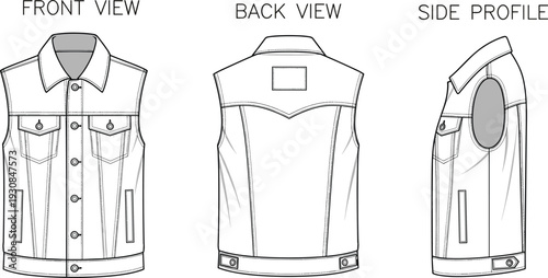 Men's Denim Vest Technical Flat Sketch Vector Illustration, Front, Back, and Side Profile View