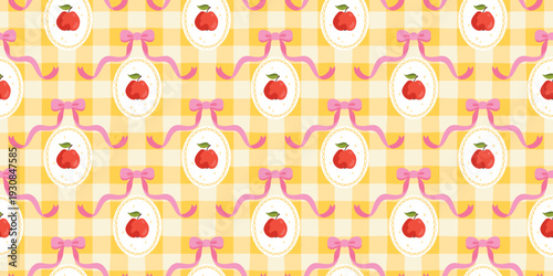 Red apple seamless pattern with bows and oval medallions yellow checkered background. Colorful vector for kitchen textiles, gift wrapping paper, kids clothing. Cute stylish naive cottagecore doodle.