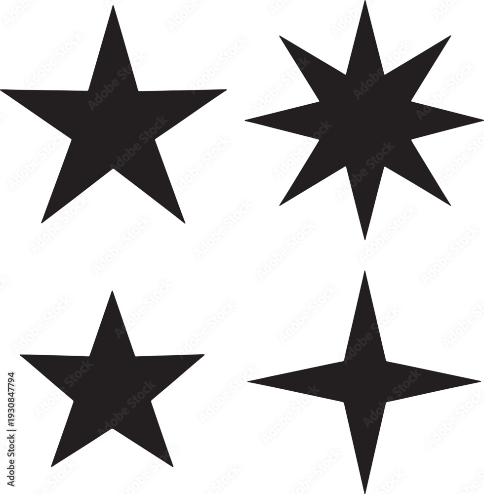 Obraz premium Four black star shapes of varying points and sizes on a white background also transparent background