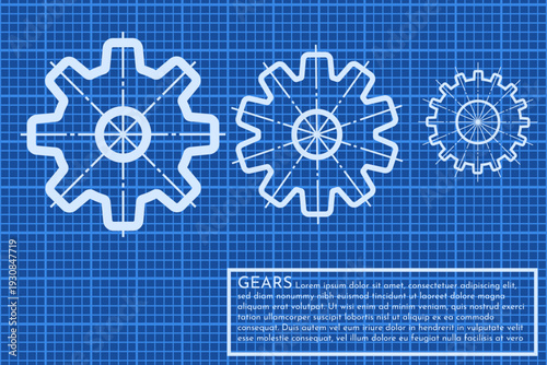 Blueprint gears wheel illustrated, vector. Concept cogwheel on blueprint.