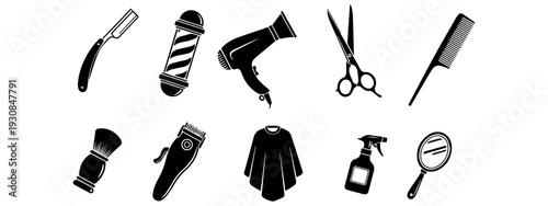 Professional Barbershop and Hairdressing Tool Silhouette Icon Set