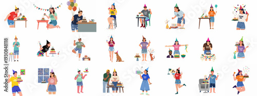 Young people celebrating birthdays with cakes, candles, and party hats, showing joy and sweet moments in a cheerful illustration style.