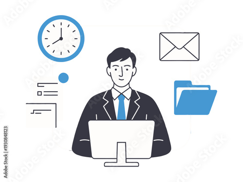 Businessman working on computer with office icons around him, clock and email visible